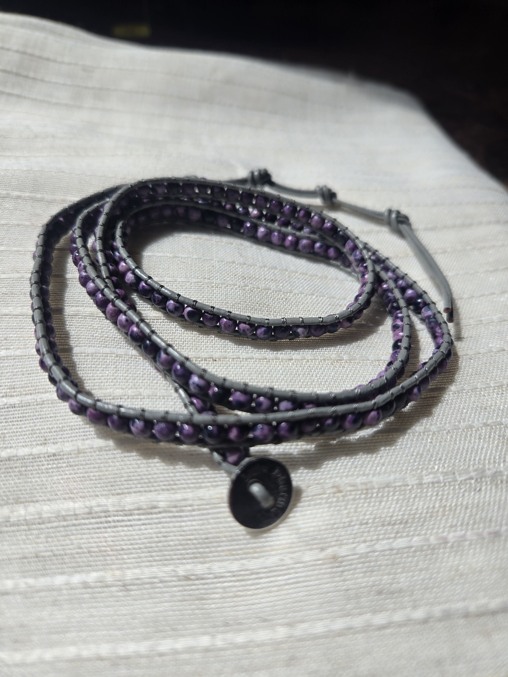 Purple Bead Wrap Bracelet on Grey Cord — Compact Layering Bracelet